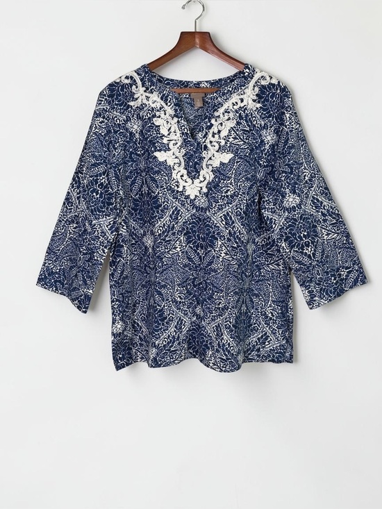 Chico's Tops - Chico's Blue White Embroidered Tunic Popover Top Linen Blend Size 3/US XL